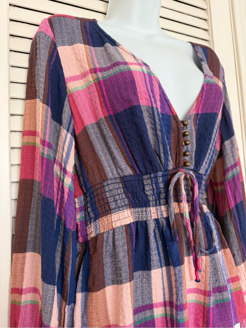 Pilcro Anthropologie Plaid Boho Peplum Top V-Neck Smocked Waist Cottagecore S - Picture 6 of 11